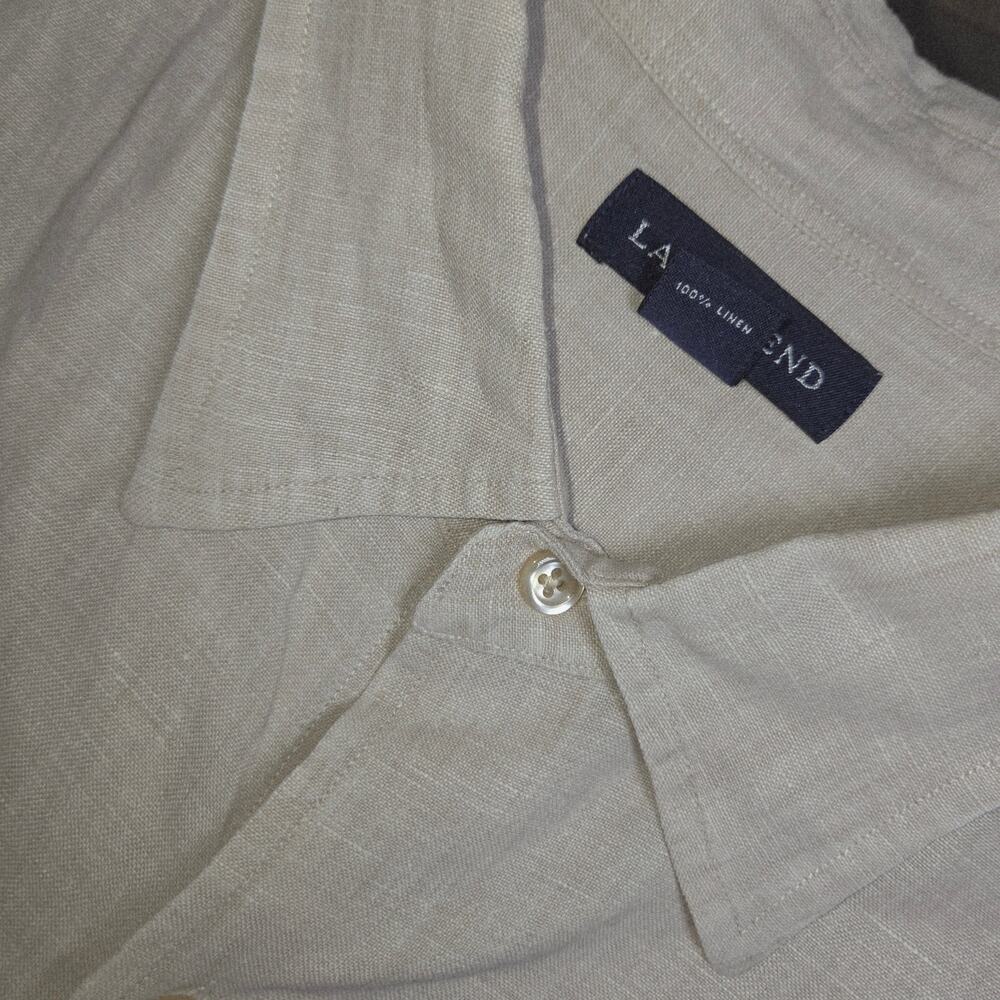 Lands End 100% Linen Button Up Shirt Mens XL Short Sleeve Beige